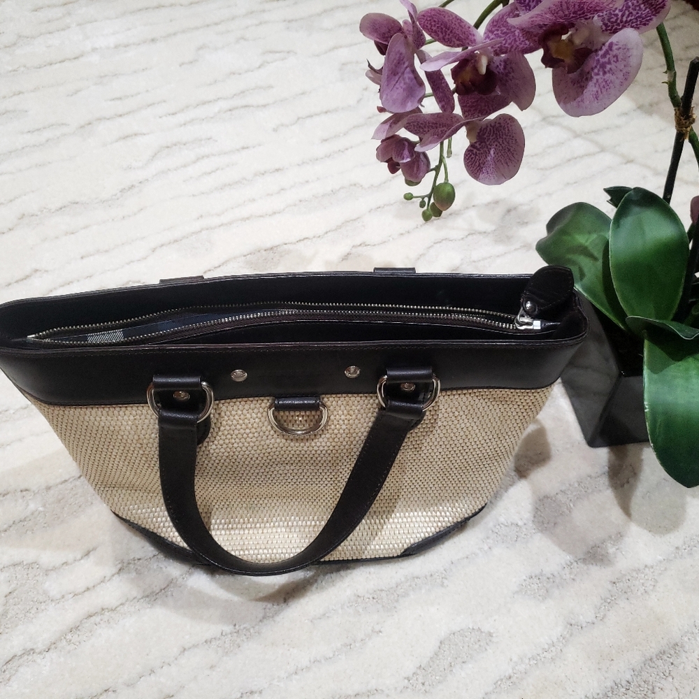 Straw and Dark Brown Leather Burberry Tote